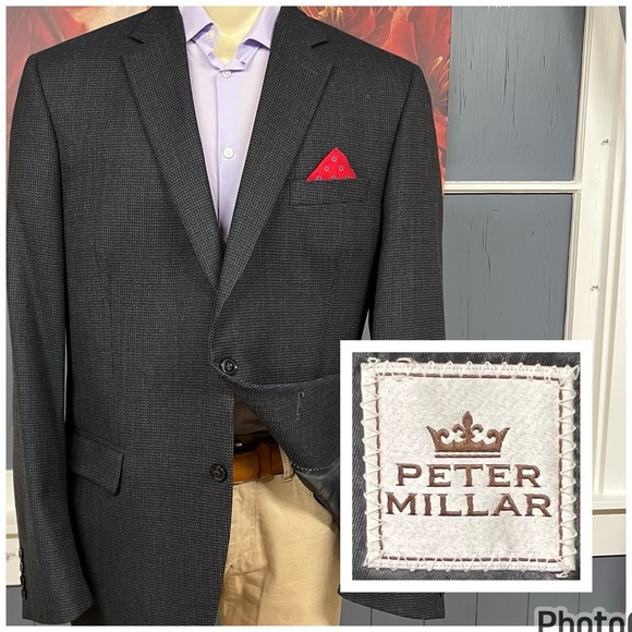 Peter Millar Knit Textured Blazer Jacket Sport Coat Men 46L Long Wool Black/Gray